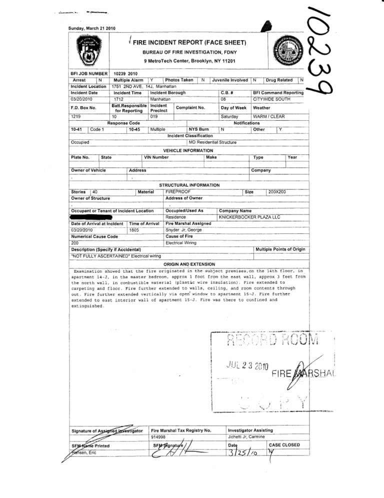 FDNY Fire Marshal's Report 1751 Second Avenue 3/20/2010 PDF New