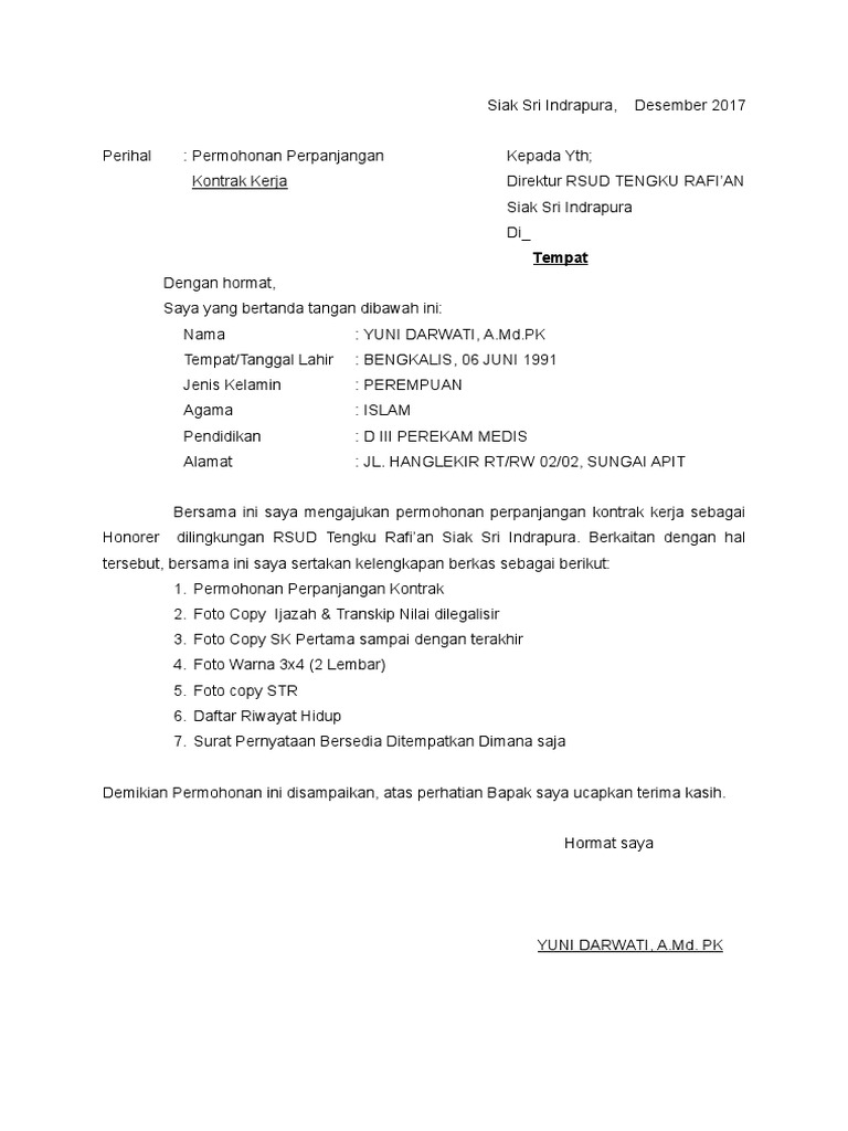 Contoh Surat Lamaran Perpanjangan Kontrak Kerja Honorer Berbagi Contoh Surat