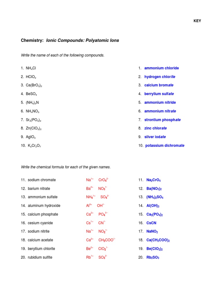 Unit 4 Naming Amp Types Naming Polyatomic Compounds Worksheet 2 Page 1  Answers | PDF | Ammonium | Calcium