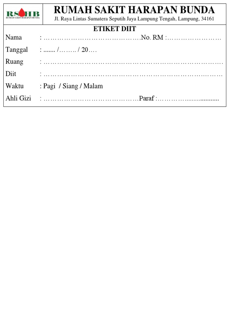 Etiket Gizi RSHB | PDF