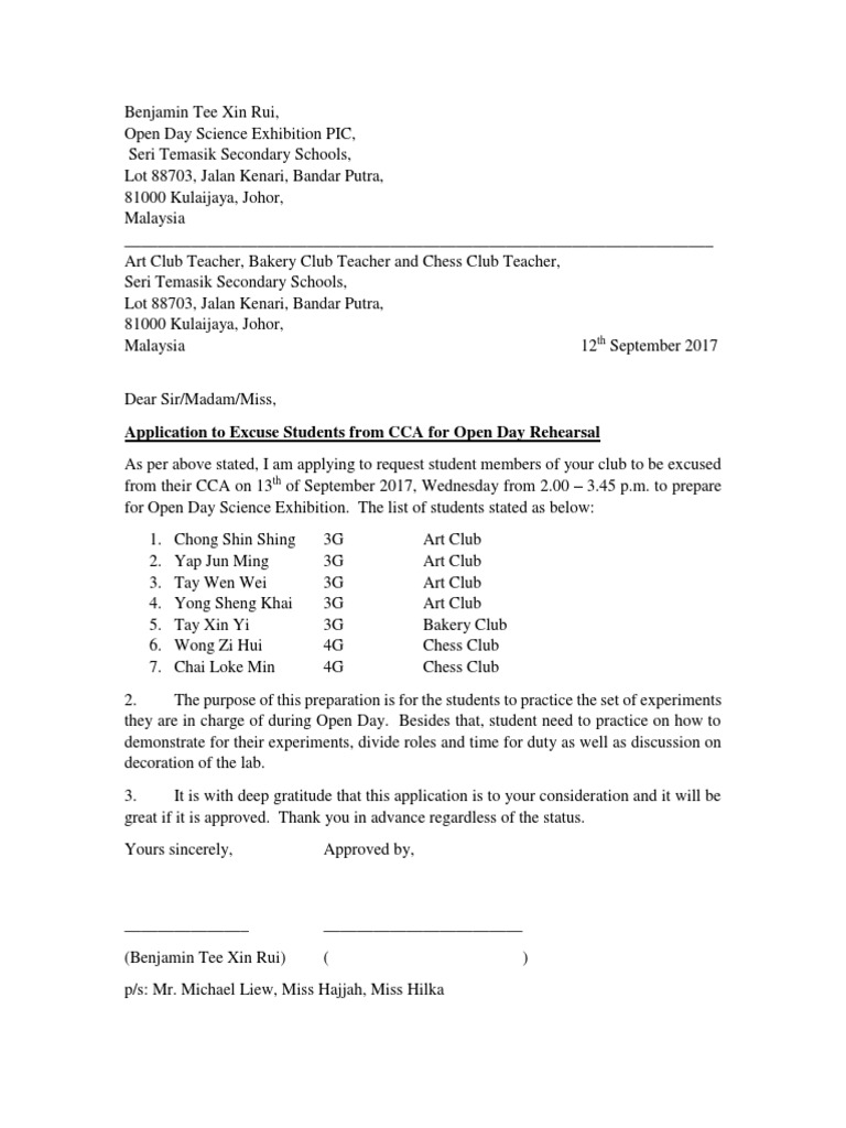 Application for CCA Excuse Letter