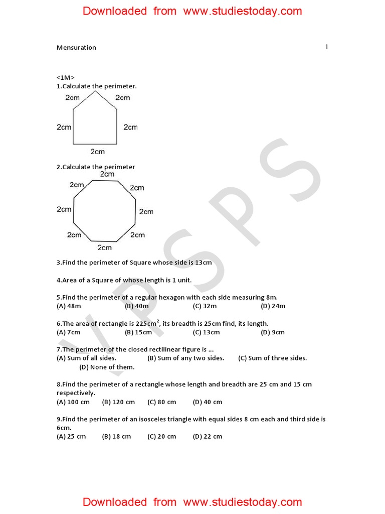CBSE Class 6 Mensuration Worksheet (6) Rectangle Length
