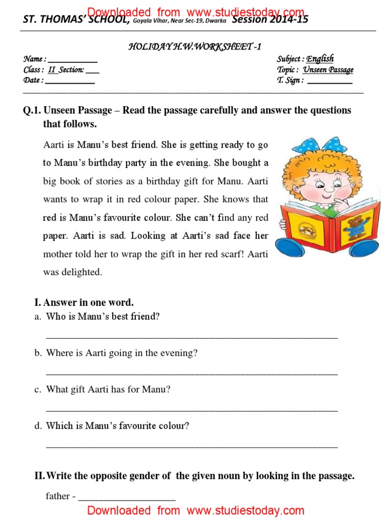 Worksheets Comprehension Passages For Grade 1 cbse class 2 english practice worksheets 113 unseen passage syntactic relationships morphology