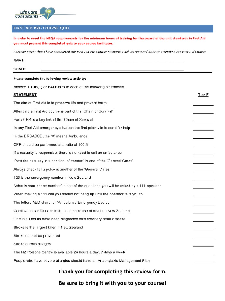 First Aid PreCourse Quiz191216