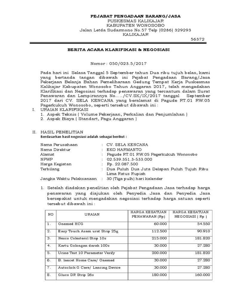 Berita Acara Klarifikasi Negosiasi Pt Sahabat Sentra Alkesindo