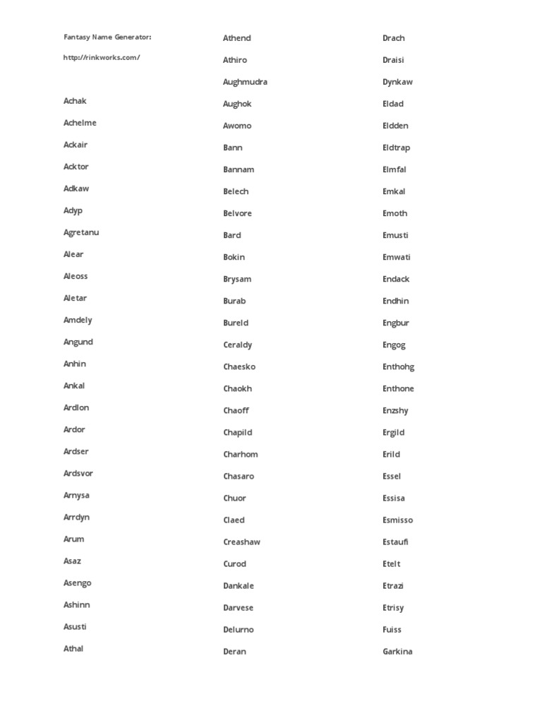 Names List - Fantasy 1 | PDF