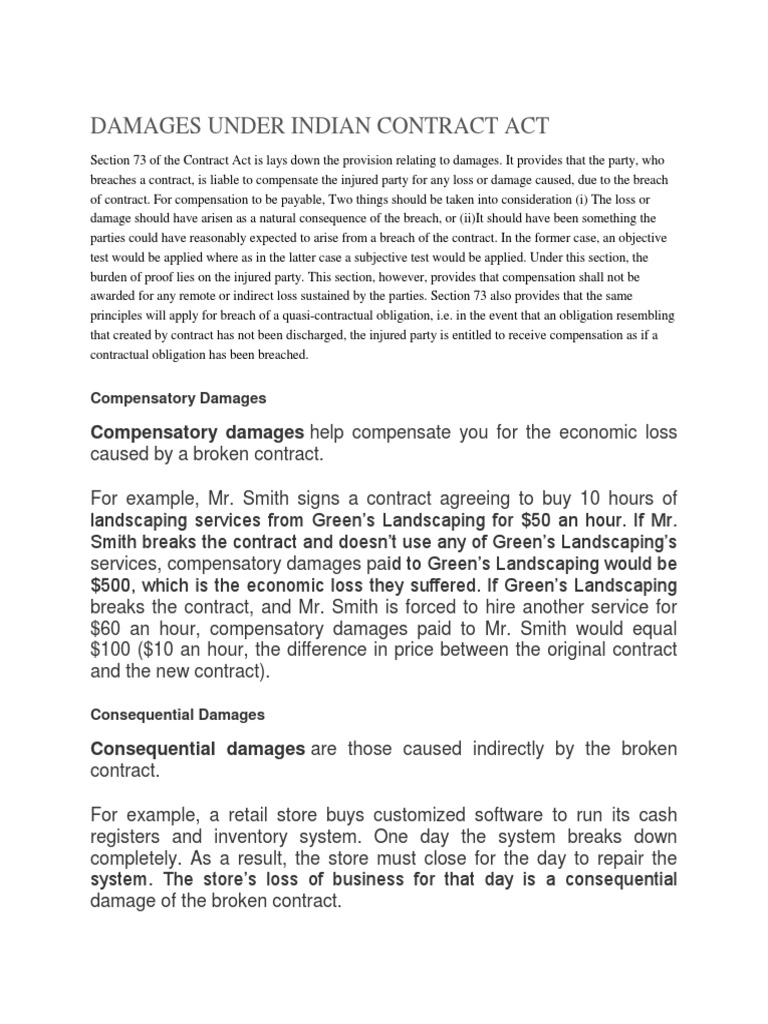 Damages Under Indian Contract Act RSBBBBB PDF Damages Breach Of