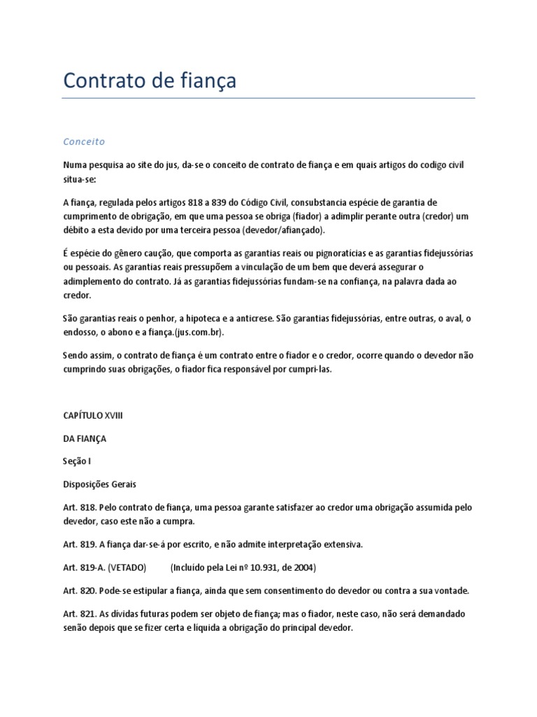 Contrato de Fiança PDF Lei das Obrigações Fiança