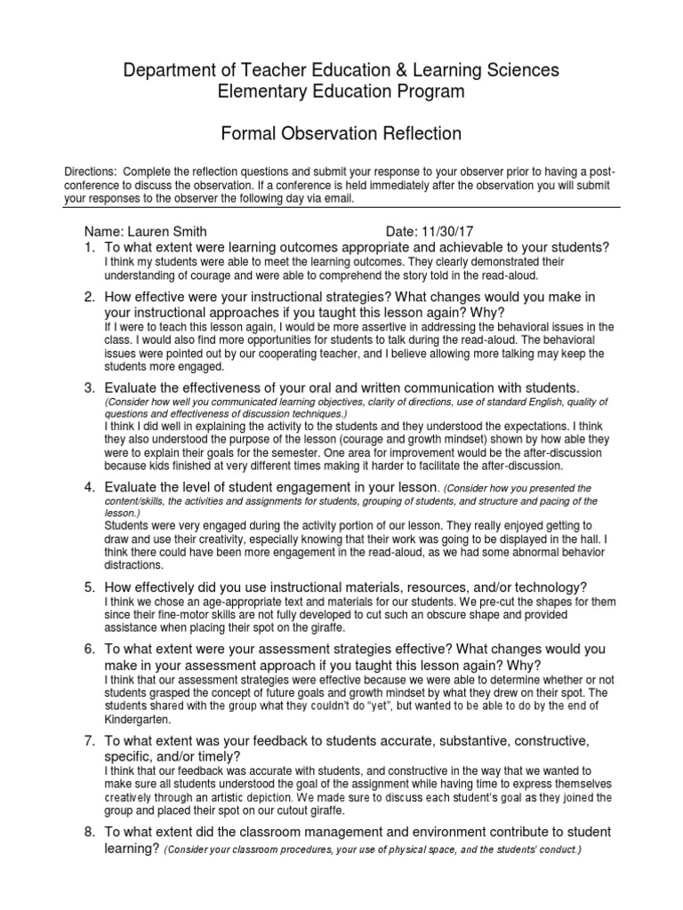 Department of Teacher Education & Learning Sciences Elementary ...