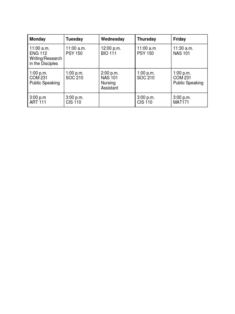 Weekly Class Schedule Overview | PDF | Language Arts & Discipline ...