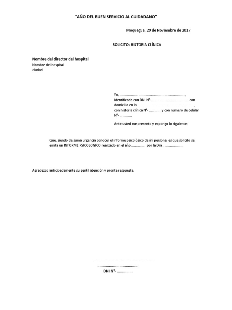 solicitud para historia clinica  Hospital  Cuidado de la salud