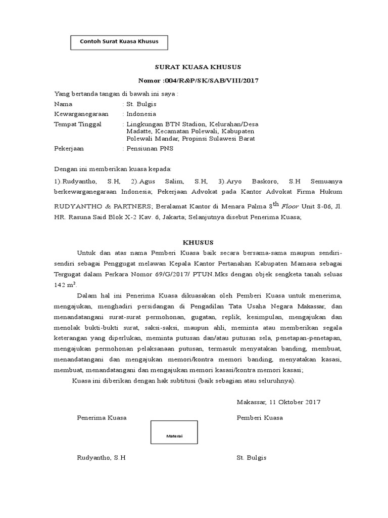 Contoh Surat Kuasa Khusus