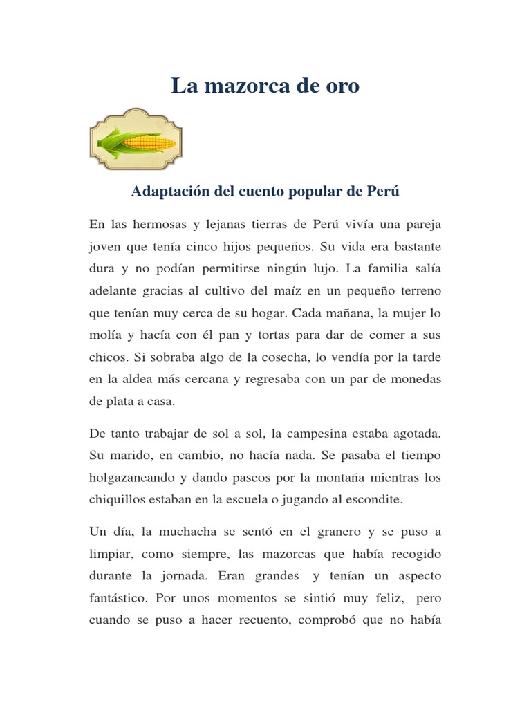 CUENTO LILa Mazorca De Oro PDF Ma z Dom