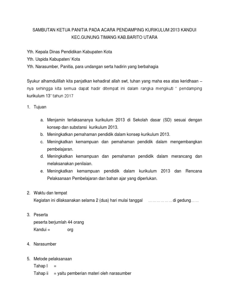 Sambutan Ketua Panitia Pada Acara Kurikulum 2013 Pai Dan Budi Pekerti Hari Senin