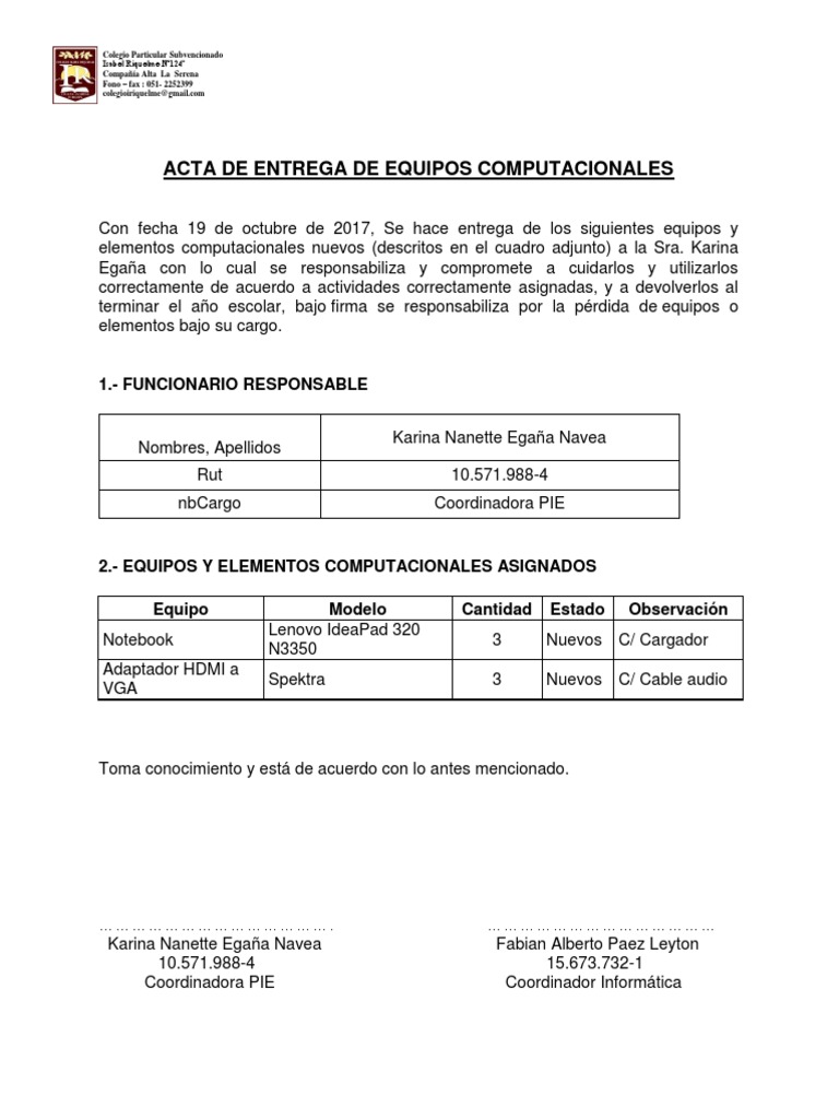 Acta de Entrega de Equipos Computacionales | PDF