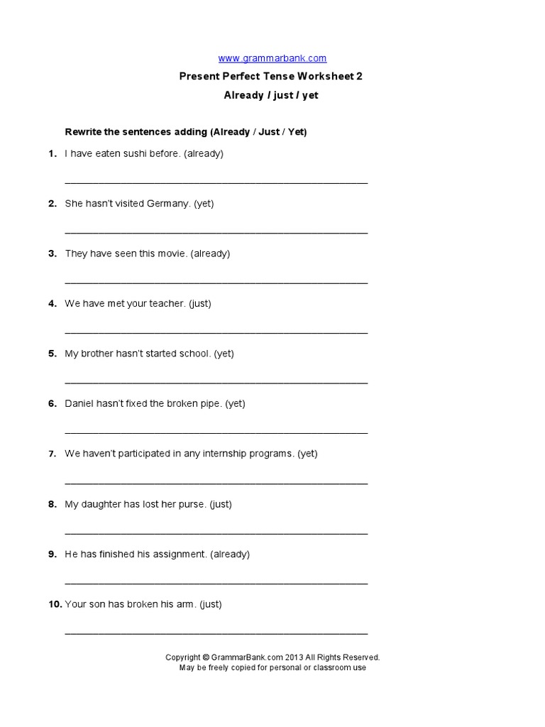 Present Perfect Tense Already Just Yet PDF | PDF