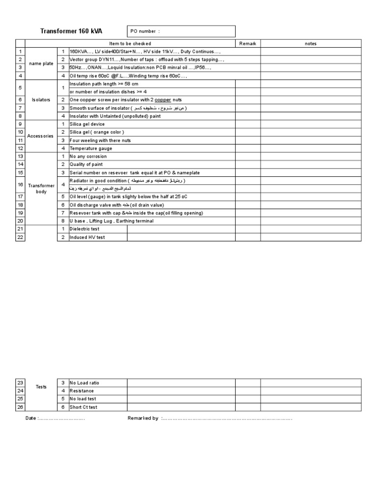 Transformer 160 kVA Inspection Checklist | PDF