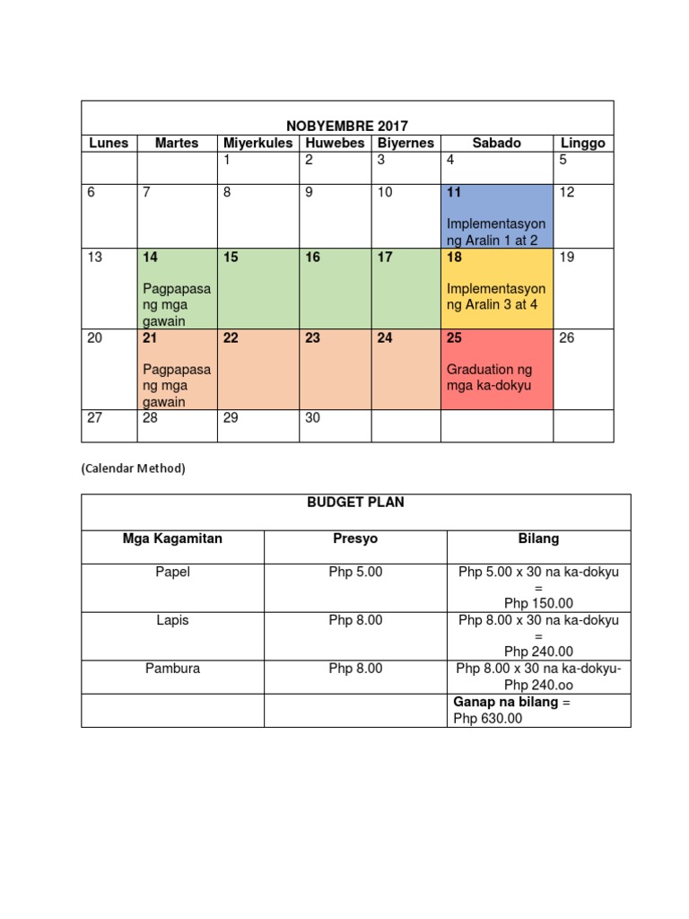 ARALIN 1-Calendar Method, Budget Plan, Work Assign | PDF