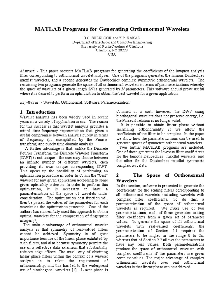 MATLAB Programs For Generating Orthonormal Wavelets PDF Wavelet