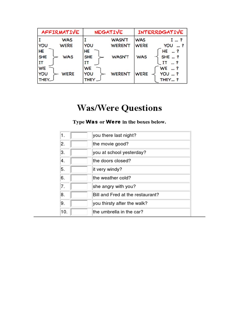 Was or Were Question Practice | PDF | Language Arts & Discipline
