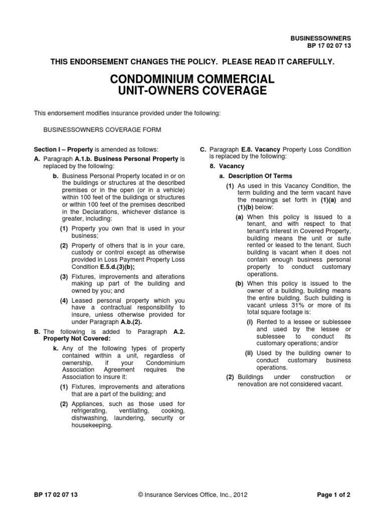 BP 17 02 07 13 CONDOMINIUM COMMERCIAL UNITOWNERS COVERAGE Lease