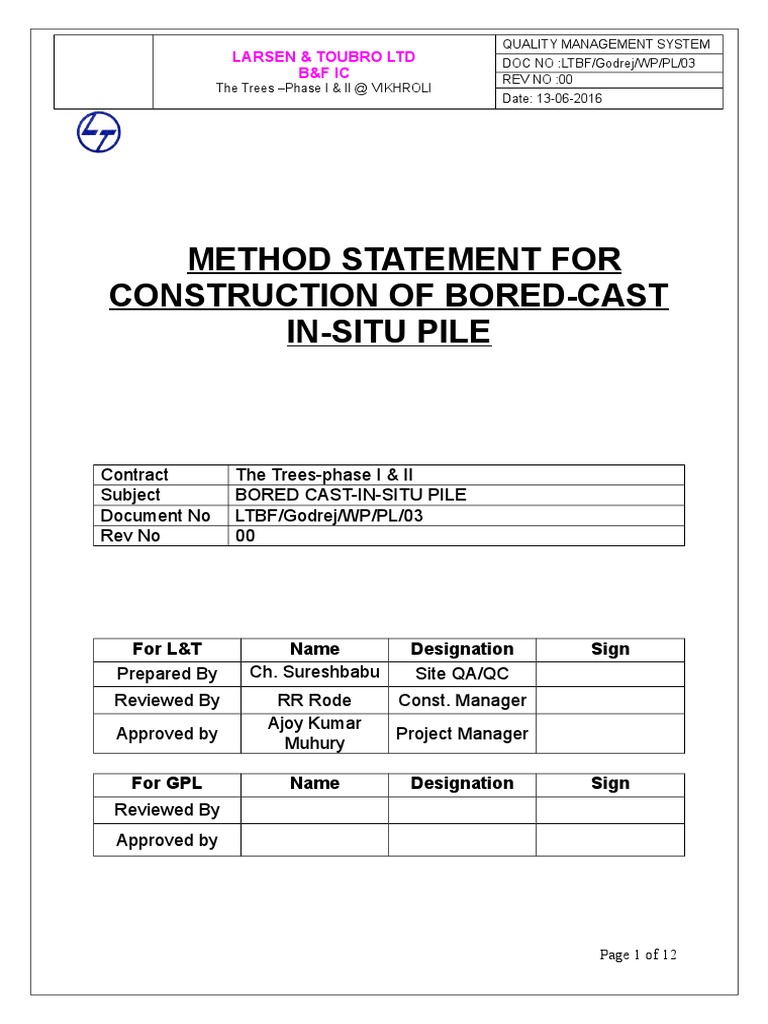 Method Statement for Bored Piles | PDF | Deep Foundation | Concrete