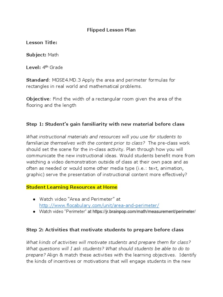 Flipped Lesson Plan Lesson Plan Education Theory