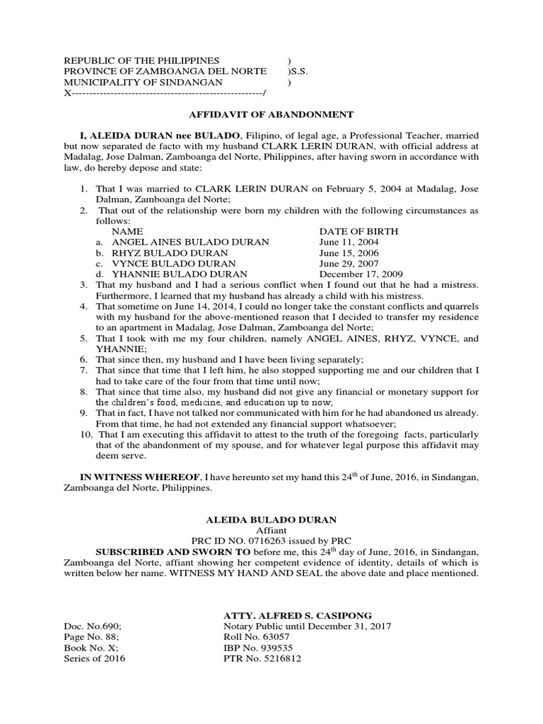 Affidavit of Abandonment Affidavit Civil Law Law)