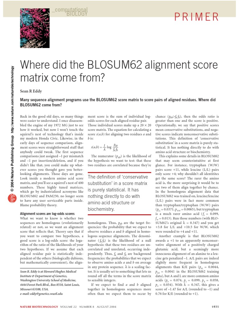 Where Did The BLOSUM62 Alignment Score Matrix Come From?: Primer | PDF ...