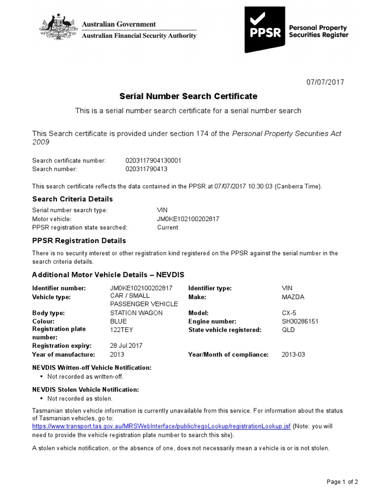 PPSR Serial Number Search Certificate | PDF | Personally Identifiable ...