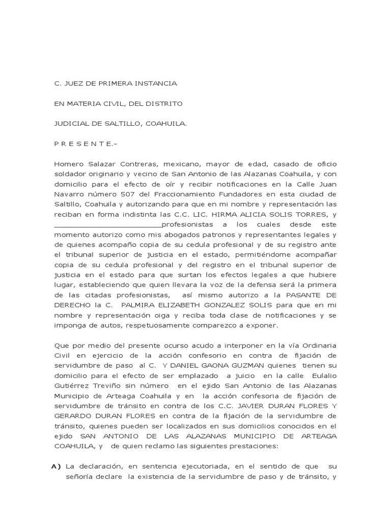 Demanda de acción confesoria de servidumbre de paso y tránsito sobre ...