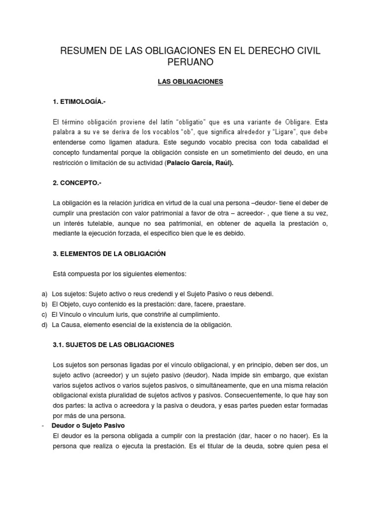 Resumen de Las Obligaciones en El Derecho Civil Peruano | PDF | Pagos ...