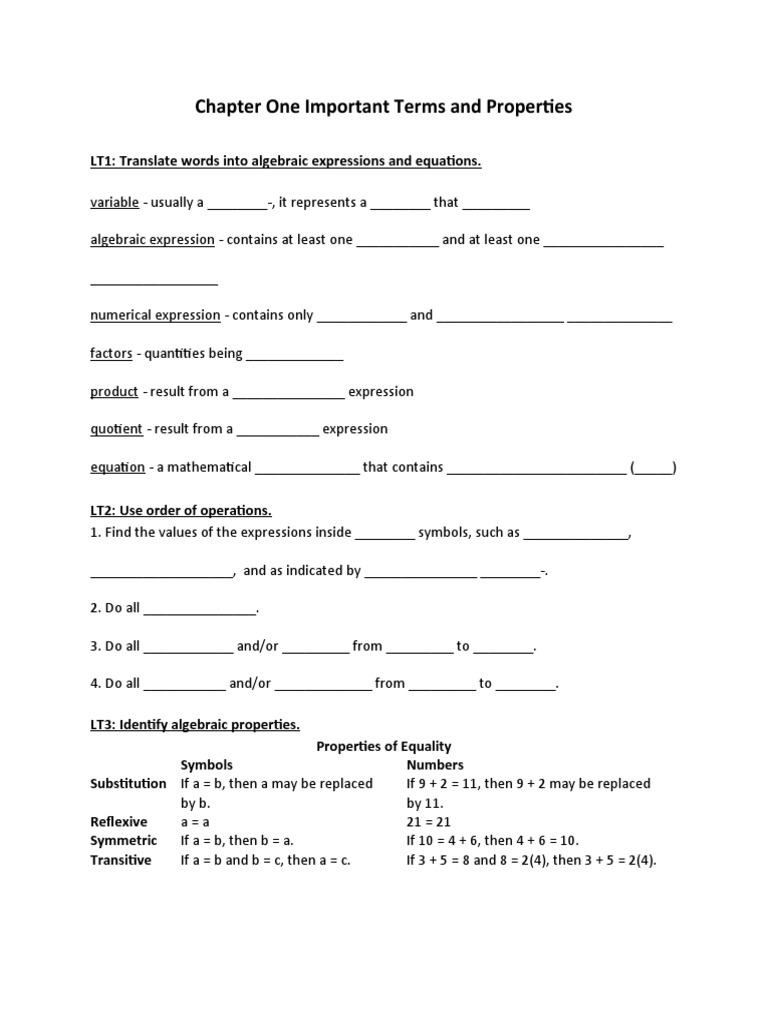 Chapter One Important Terms and Properties | PDF | Multiplication | Numbers
