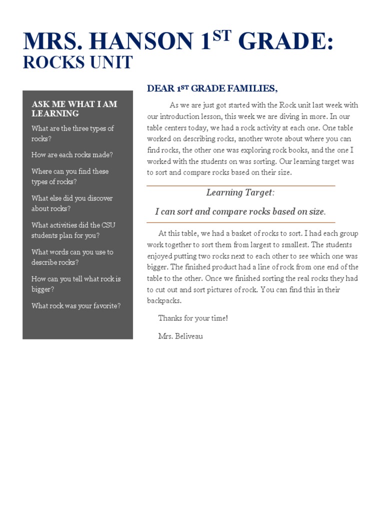 1st Grade Rocks Unit Activities | PDF