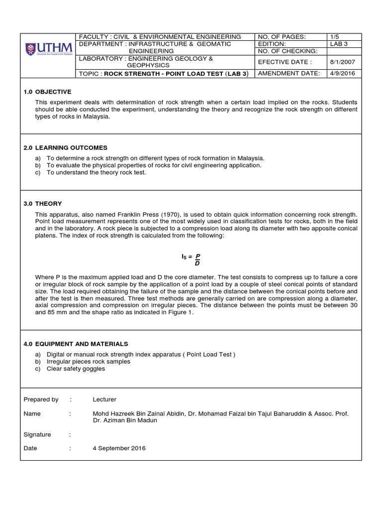 Rock Strength Testing: Point Load Method | PDF | Structural Load ...