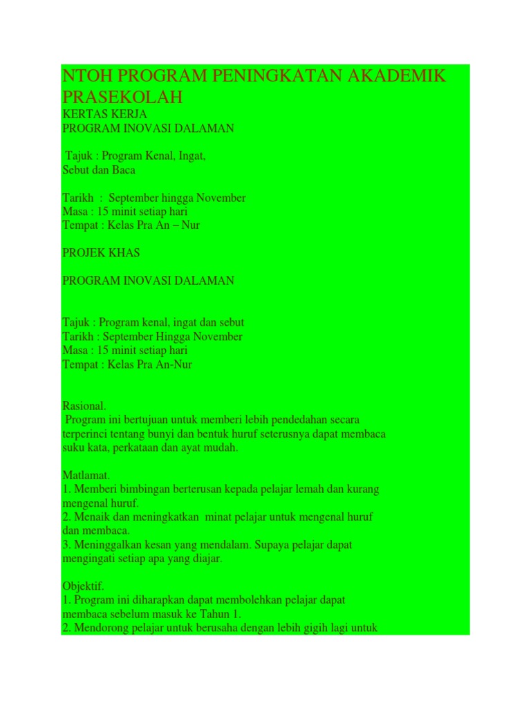 Ntoh Program Peningkatan Akademik Prasekolah Pdf