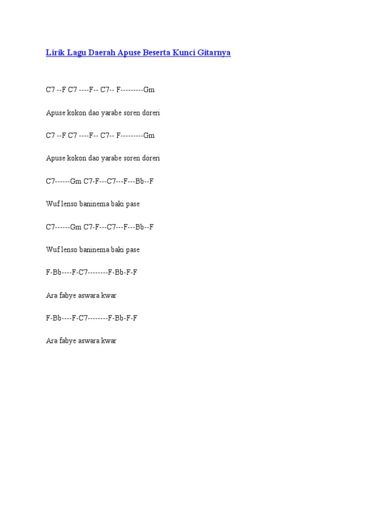 Lirik Lagu Daerah Apuse Beserta Kunci Gitarnya