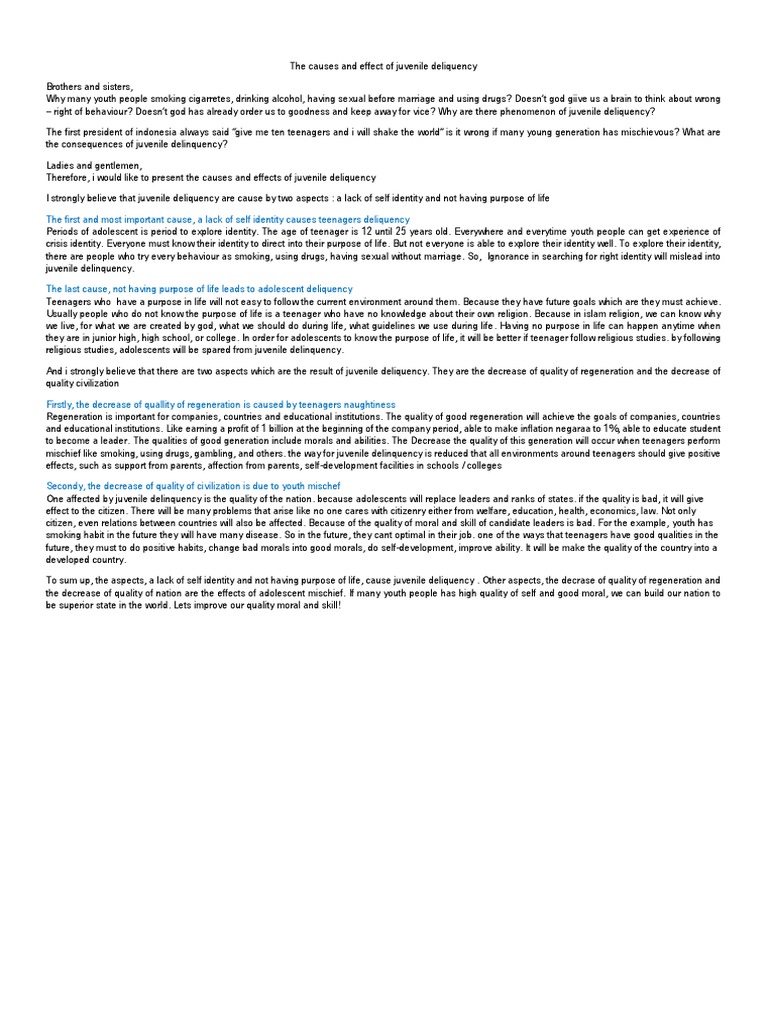 The Causes and Effect of Juvenile Deliquency PDF Juvenile