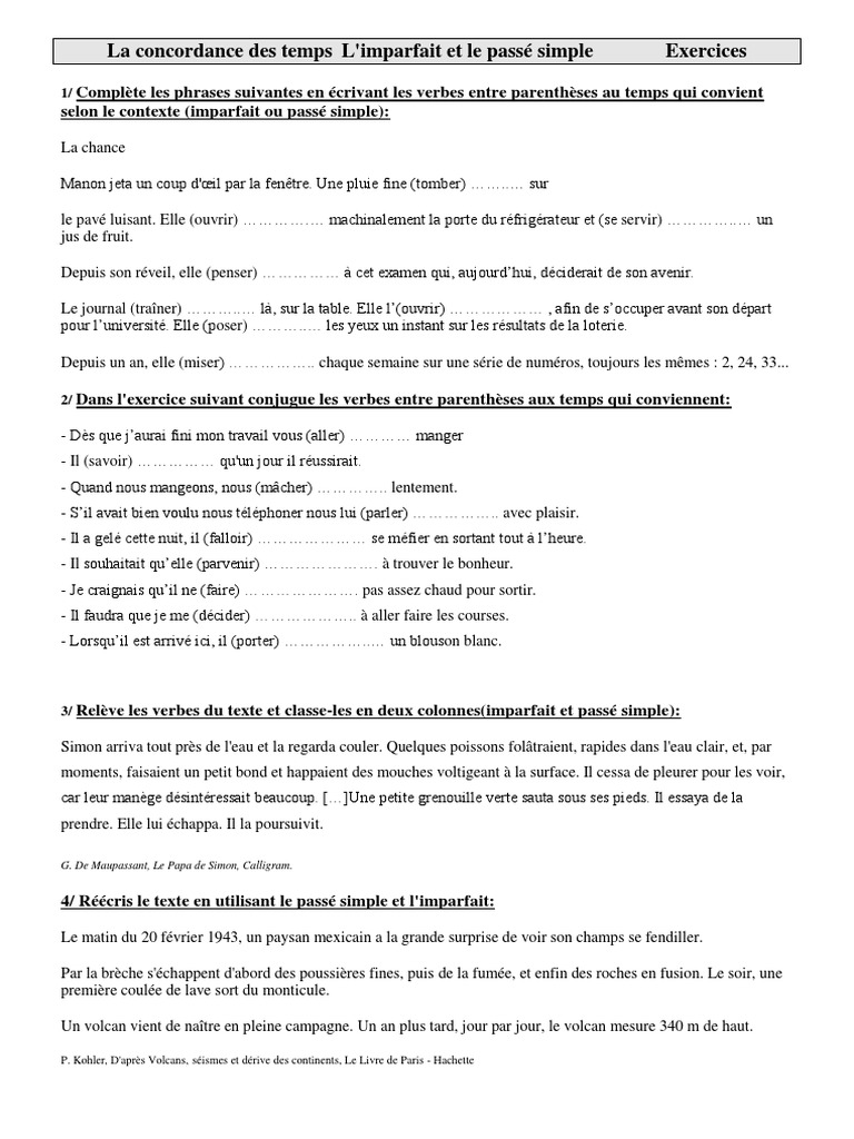 évaluation Temps Composés 6ème Pdf Exercices de Conjugaison Cm2 Cycle 3 La Concordance Des Temps Limparfait Et  Le Passé Simple | PDF | Volcan | La nature