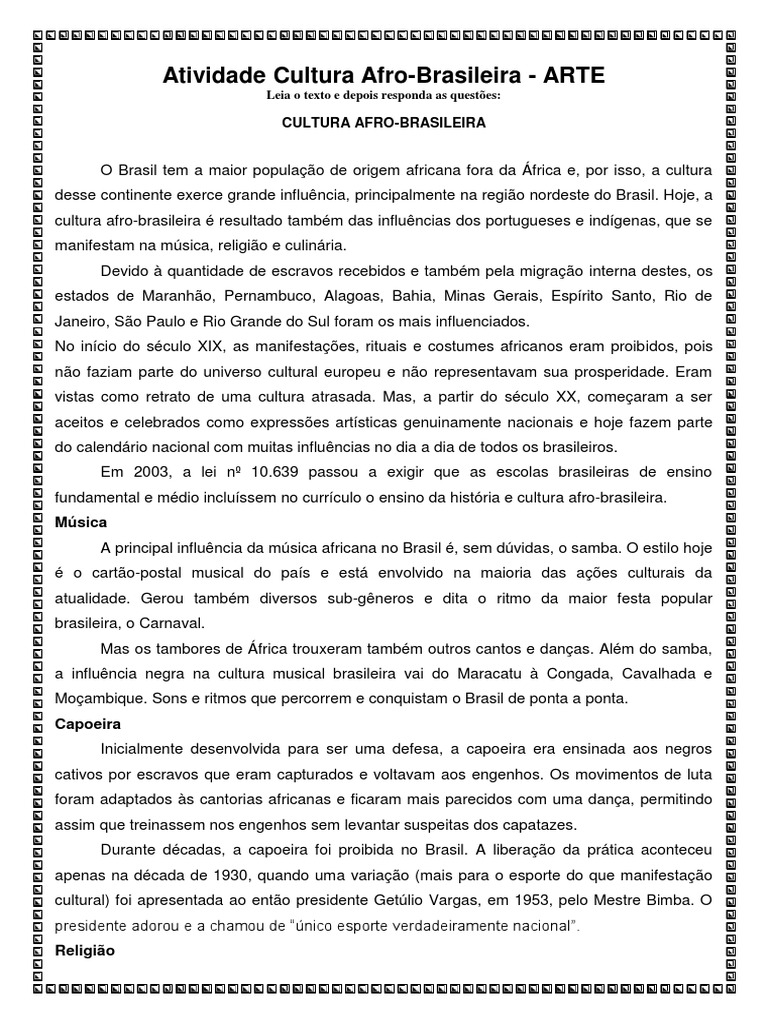 Atividade Cultura Afro | PDF | África | Brasil