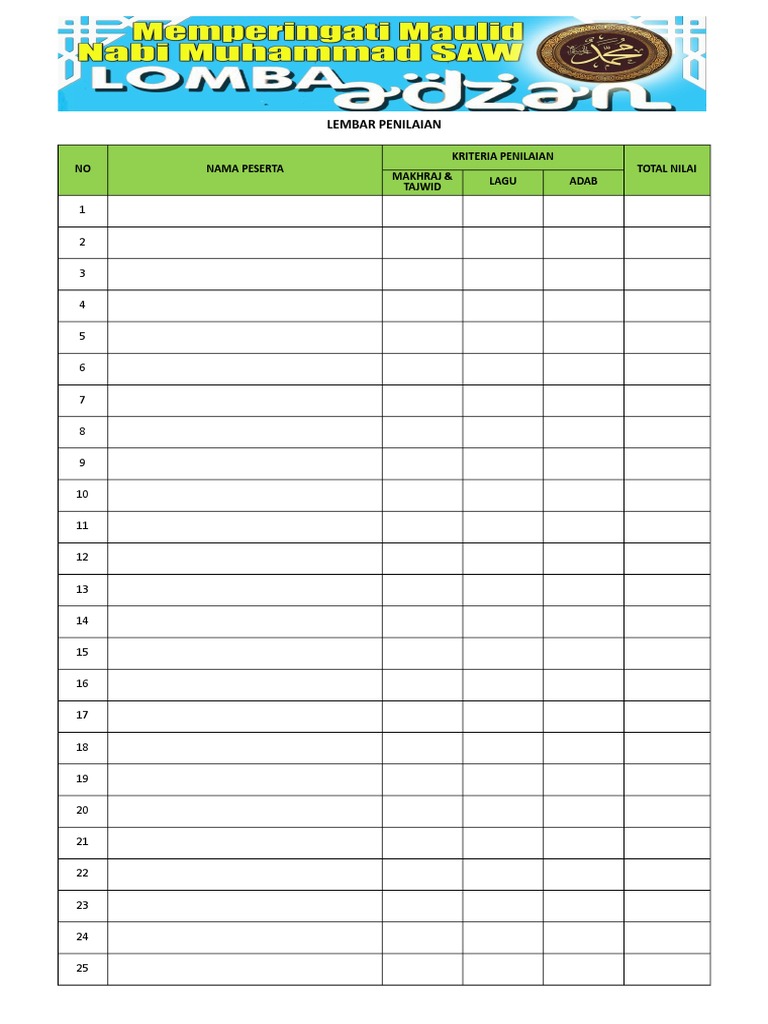 Format Penilaian Lomba Adzan Guru Paud