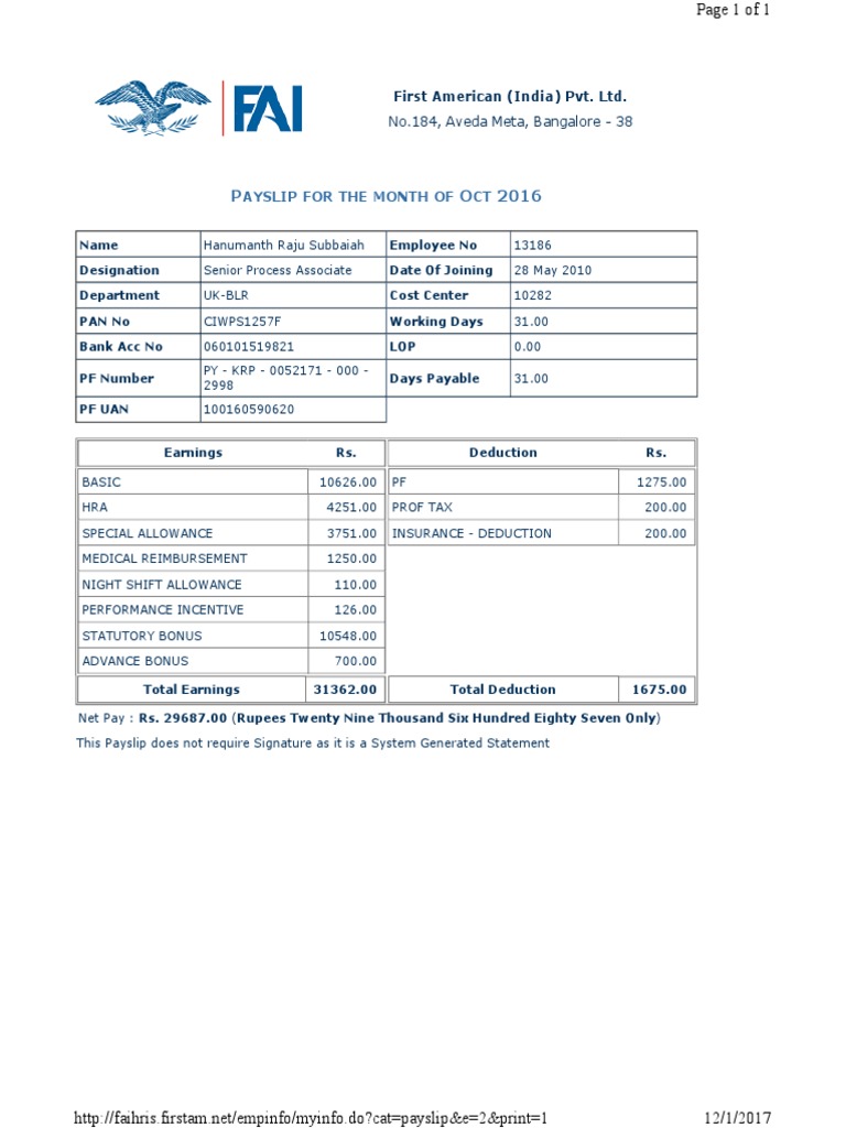 October 2016 Payslip for Hanumanth Raju | PDF