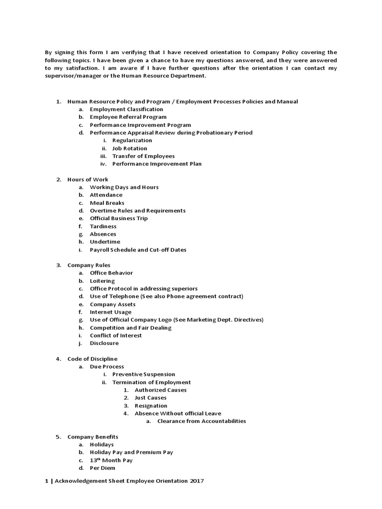 SAMPLE Acknowledgement Sheet Employee Orientation PDF Employment