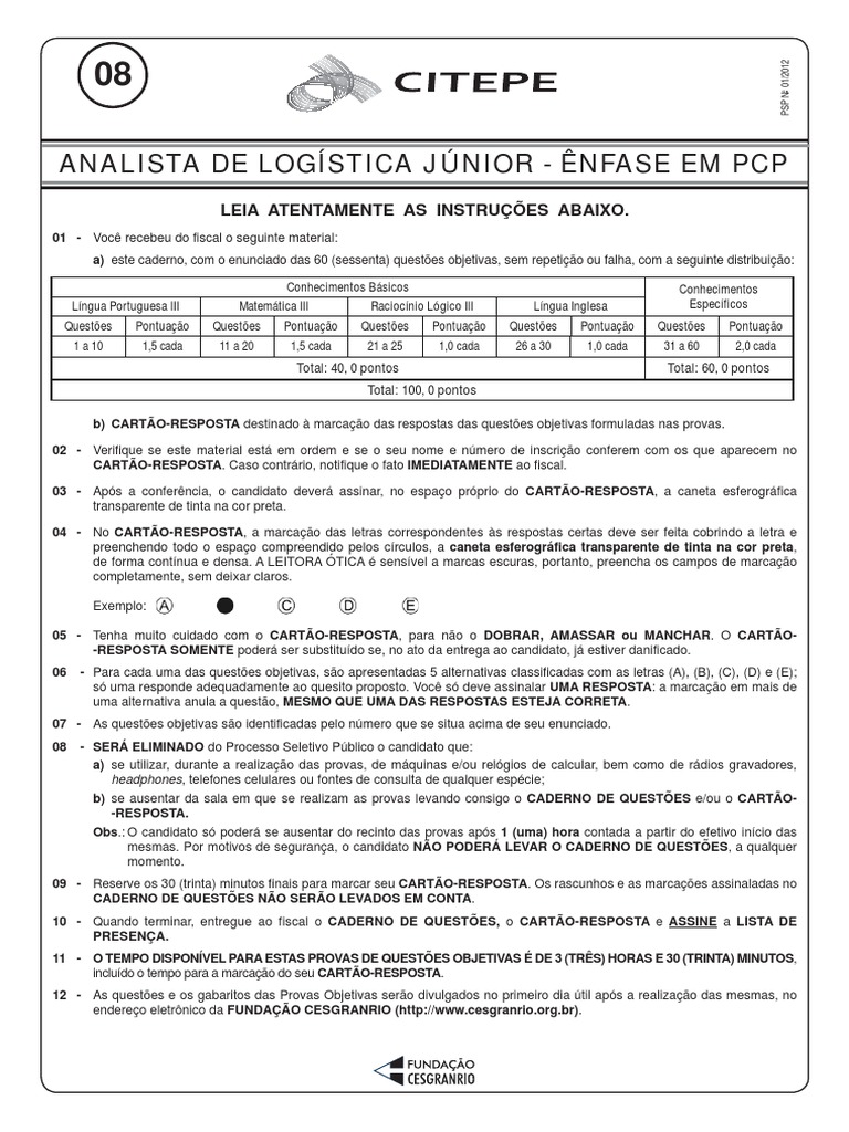Prova 8 - Analista de Logística Júnior - Ênfase em PCP | PDF ...