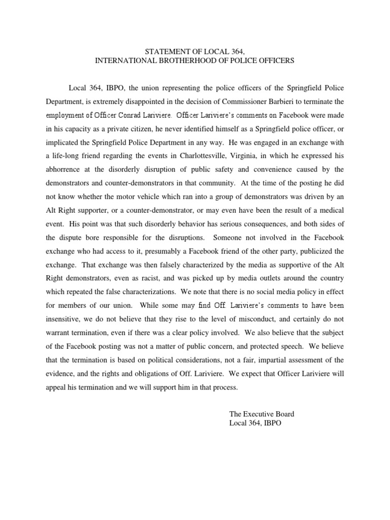 Springfield Police Union Statement On Dismissal of Officer Conrad ...