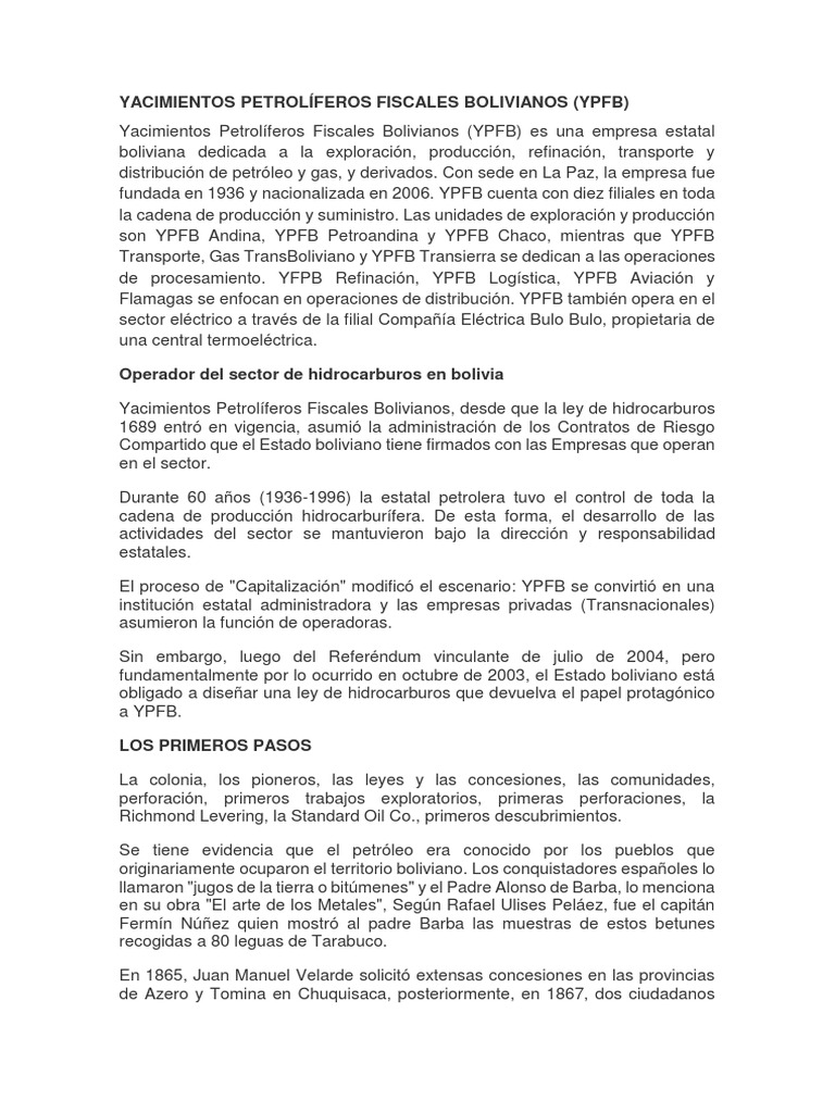 Historia de YPFB y el Petróleo en Bolivia | PDF | Petróleo | Economias