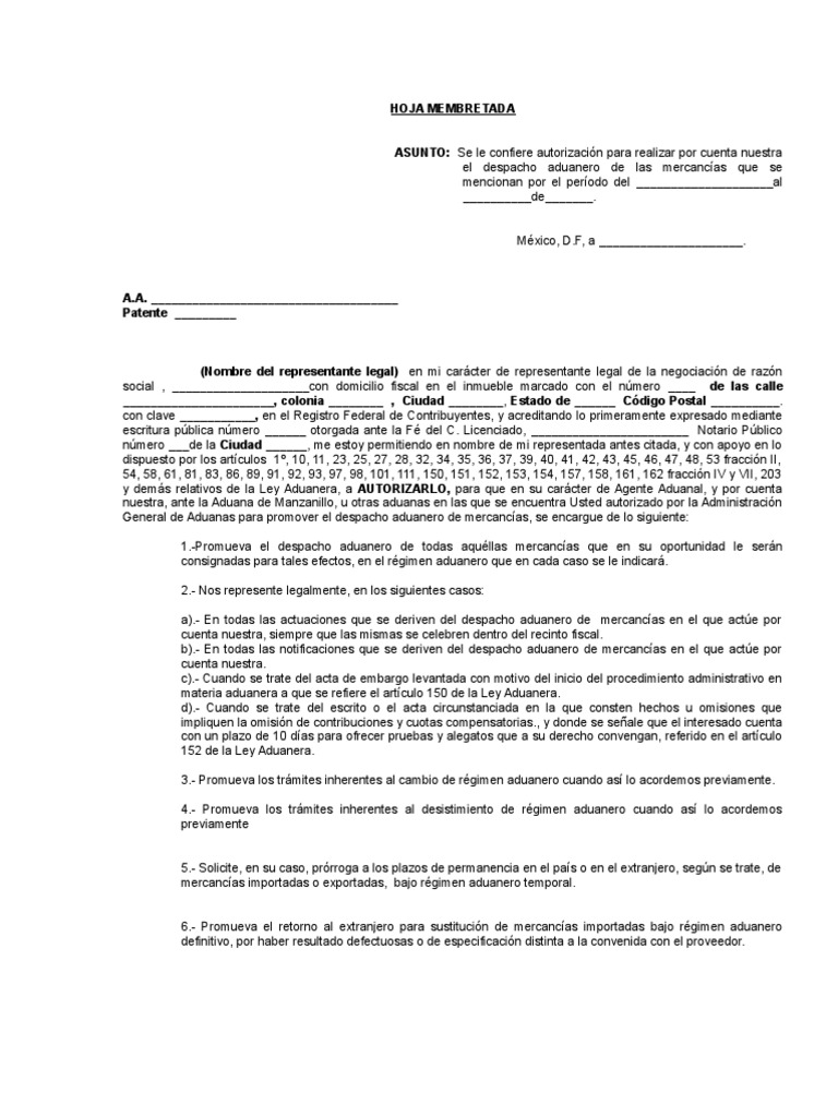 Formato para Carta de Patente Agente Aduanal aduana Comercio