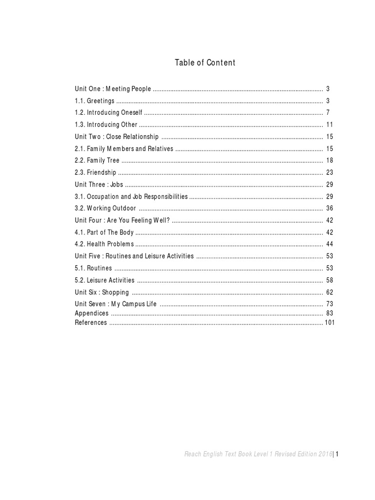 English Textbook Level 1 Contents | PDF | Friendship | Family