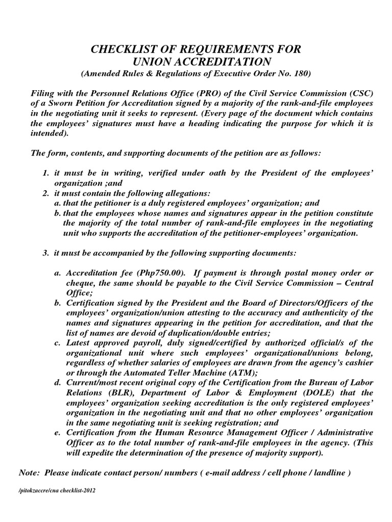 CSC Checklist of Requirements For Union Accreditation | PDF | Signature ...