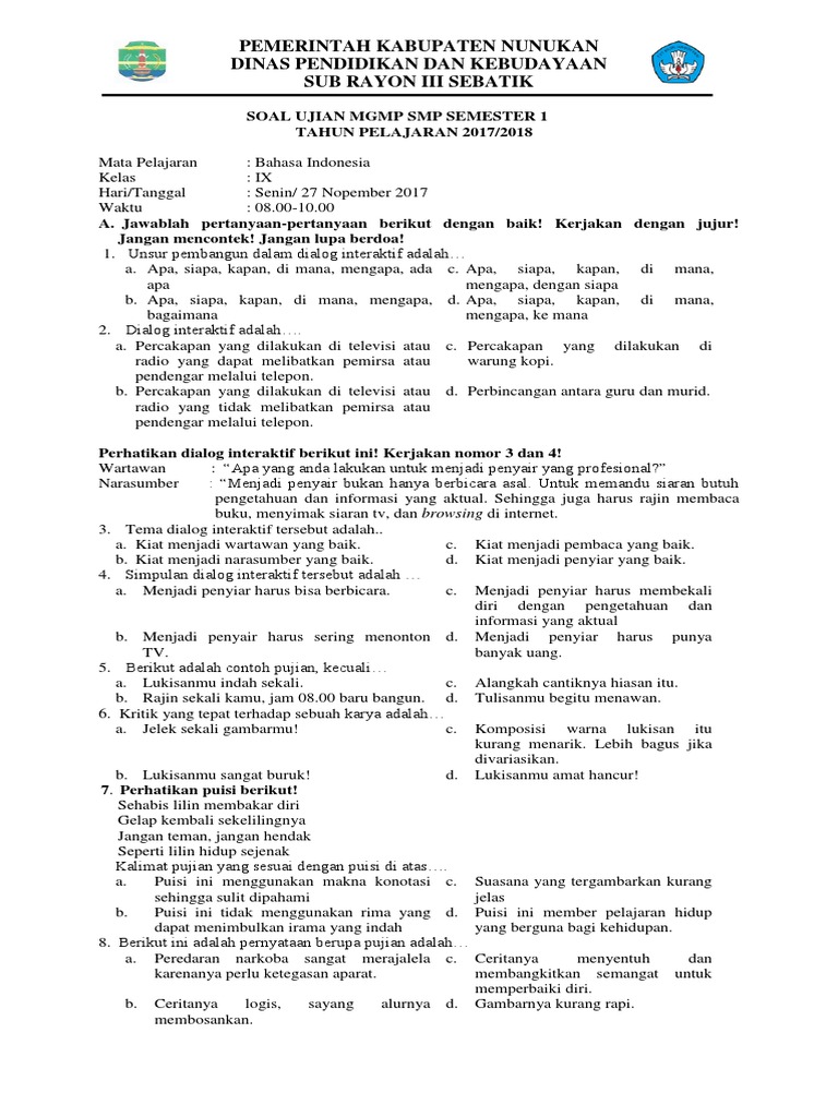 Soal Bhasa Indonesia Mgmp Kelas 9